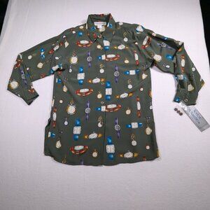 NWT Women's Norton McNaughton Artwork Clocks Poly Long Sleeve Shirt Sz 6